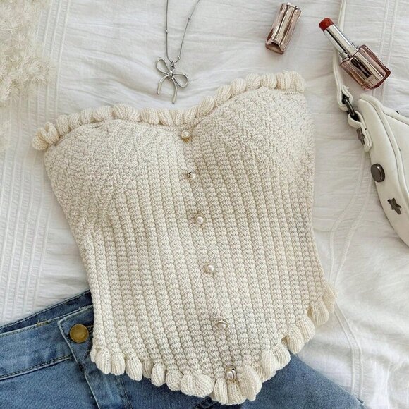 Beige Casual Women's Tube Ruffle Knitted Top - Picture 4 of 6